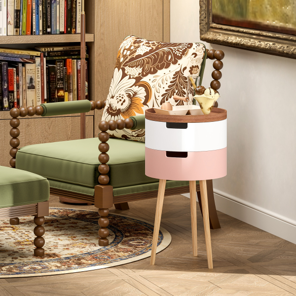 HOMCOM 3-Tier Round Side Table with Storage, Wood Legs, Multicolour - Image 7