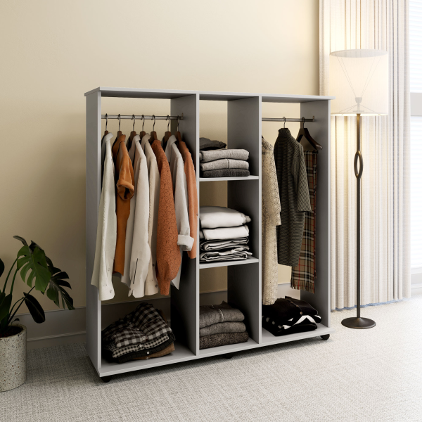 HOMCOM Mobile Double Open Wardrobe w/ Clothes Hanging Rail Clothing Grey - Image 8