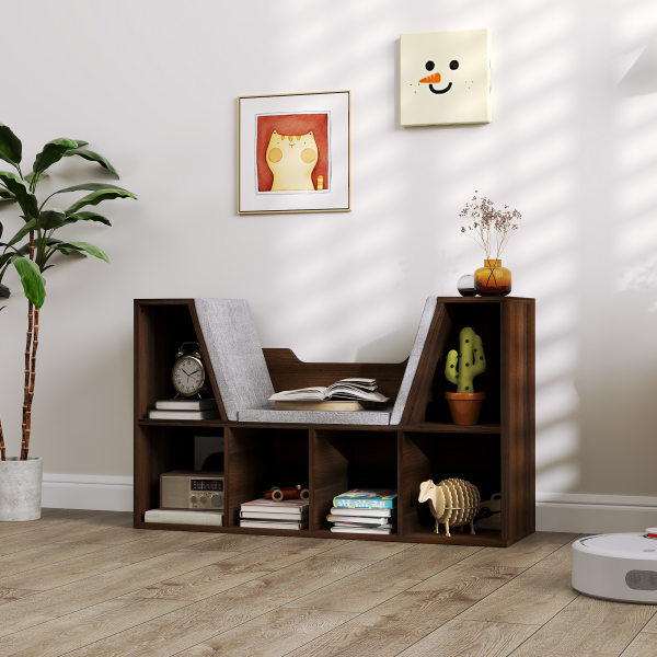 HOMCOM Cube Bookshelf Organizer with Reading Seat, Six Cubes, Chestnut - Image 8