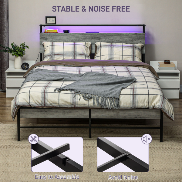 HOMCOM LED King Bed Frame with Charging Station, 150 x 200cm, Cement Grey - Image 8