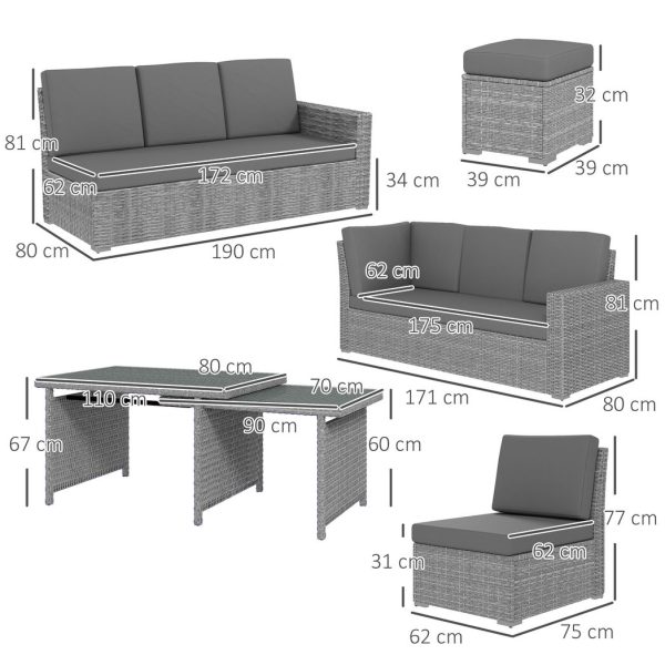 Outsunny 10-Seater Sofa Sectional w/ Cushioned Seat, Footstools and Glass Table - Image 5