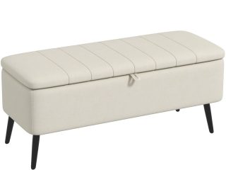 HOMCOM Storage Ottoman Bench, Linen Fabric Footstool with Steel Legs Cream White