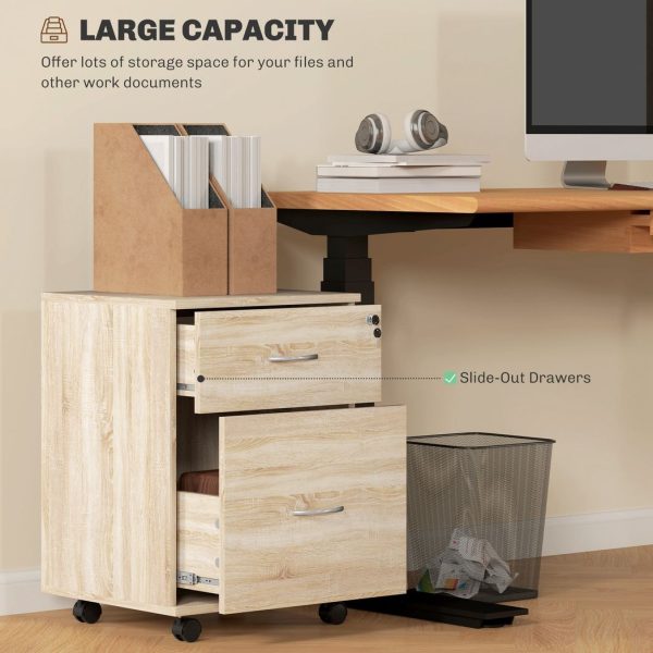 HOMCOM Pedestal Office Mobile Filing Cabinet 2 Drawer Wooden Storage Oak - Image 3