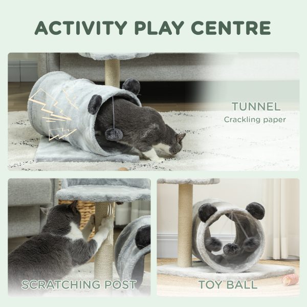 PawHut Cat Tree w/ Scratching Post, Bed, Cat Tunnel, Toy Ball, Grey - Image 3