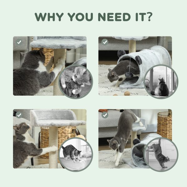 PawHut Cat Tree w/ Scratching Post, Bed, Cat Tunnel, Toy Ball, Grey - Image 6