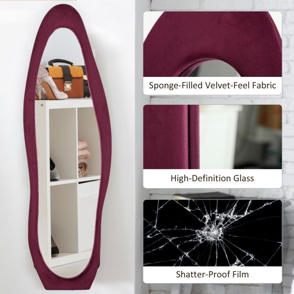 HOMCOM Irregular Full Length Mirror with Velvet Frame 160 x 50cm Wine Red - Image 4