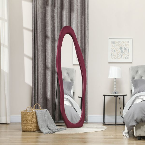 HOMCOM Irregular Full Length Mirror with Velvet Frame 160 x 50cm Wine Red - Image 2