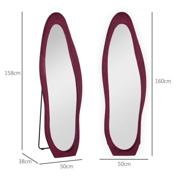HOMCOM Irregular Full Length Mirror with Velvet Frame 160 x 50cm Wine Red - Image 5