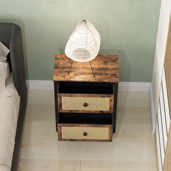 HOMCOM Bedside Table with 2 Rattan Drawers and Steel Legs, Rustic Brown - Image 8