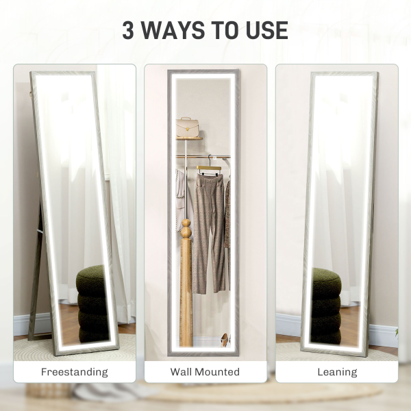 HOMCOM Dimming Full Length Mirror w/ Lights Standing Leaning Wall Mount Grey - Image 8