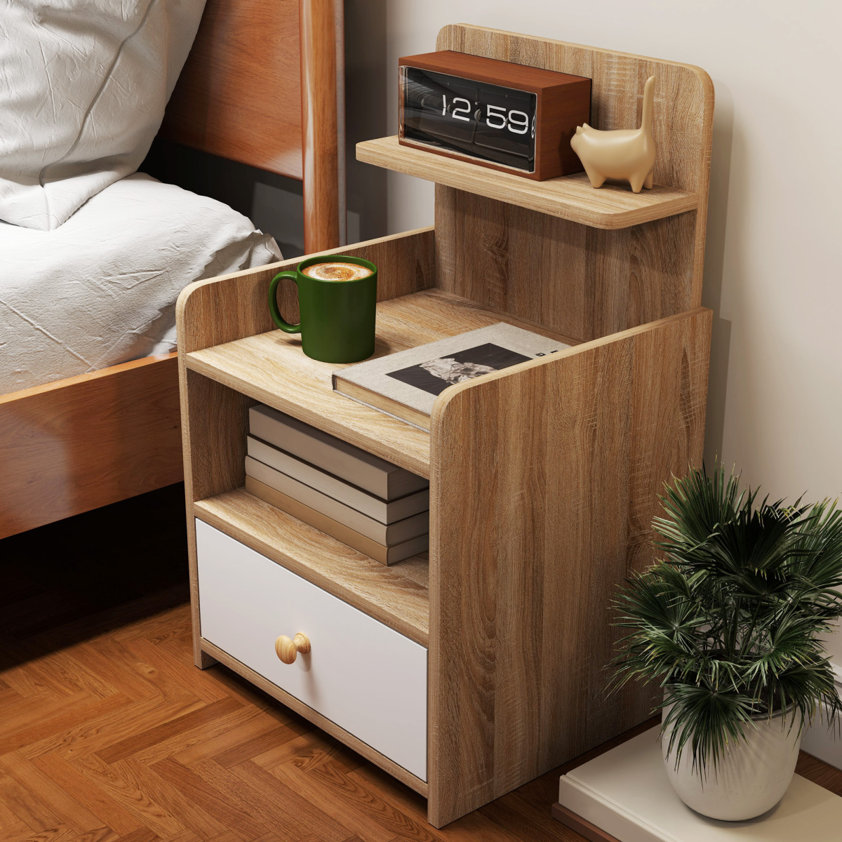 HOMCOM Bedside Table with Drawer for Bedroom, Living Room, Natural Wood Effect - Image 8