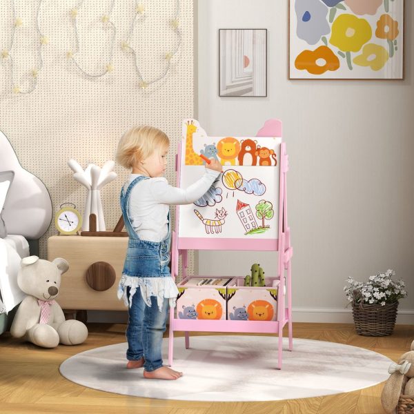 AIYAPLAY 2 in 1 Kids Easel with Whiteboard, Chalkboard, Storage Boxes, Pink - Image 2