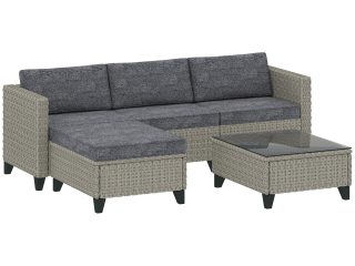 Outsunny 5 PCs Rattan Garden Furniture Set with Glass Coffee Table Dark Grey