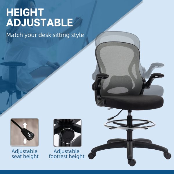 Vinsetto Draughtsman Chair Tall Office Chair w/ Adjustable Footrest, Dark Grey - Image 3