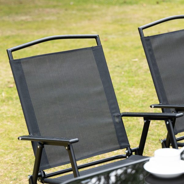 Outsunny 8 Pieces Garden Table and Chairs with Parasol Tempered Glass Top Black - Image 7