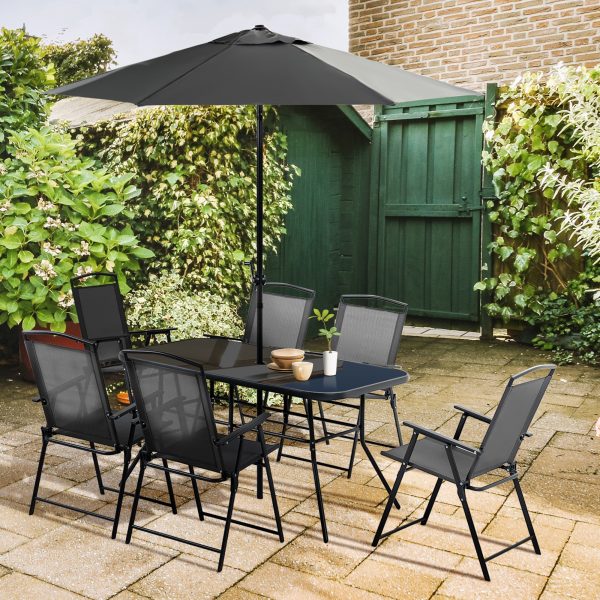 Outsunny 8 Pieces Garden Table and Chairs with Parasol Tempered Glass Top Black - Image 2