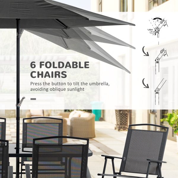 Outsunny 8 Pieces Garden Table and Chairs with Parasol Tempered Glass Top Black - Image 6