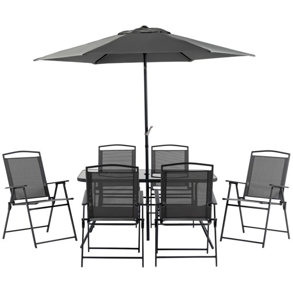 Outsunny 8 Pieces Garden Table and Chairs with Parasol Tempered Glass Top Black
