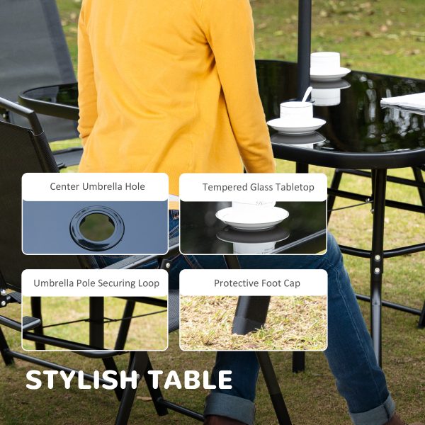 Outsunny 8 Pieces Garden Table and Chairs with Parasol Tempered Glass Top Black - Image 4