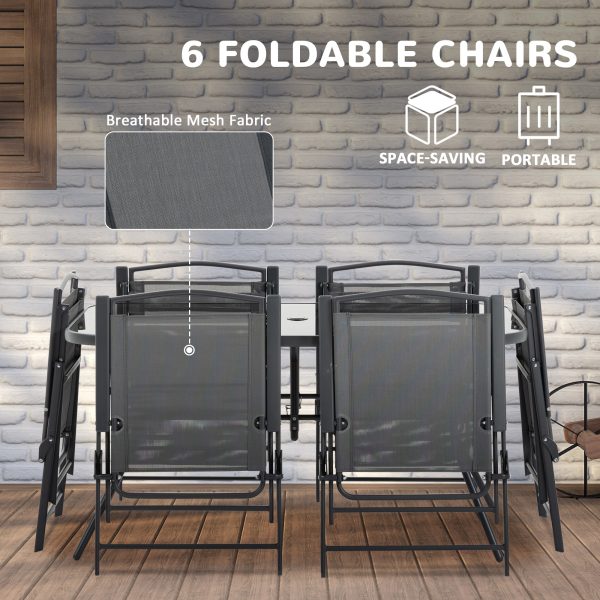 Outsunny 8 Pieces Garden Table and Chairs with Parasol Tempered Glass Top Black - Image 5