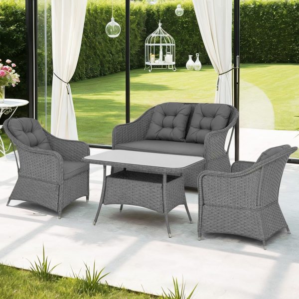 Outsunny 4 PCS Rattan Garden Furniture, Padded Cushions Conversation Sofa Set - Image 2