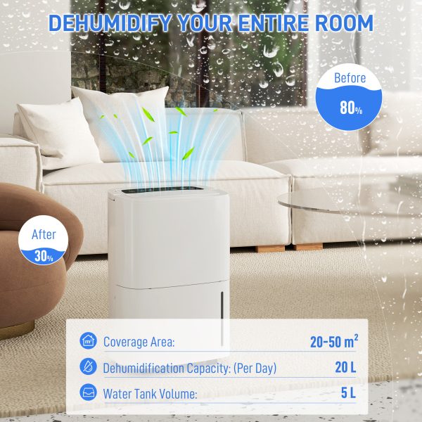 HOMCOM 20L/Day Dehumidifier with Continuous Drainage, 5L Water Tank, Timer - Image 3