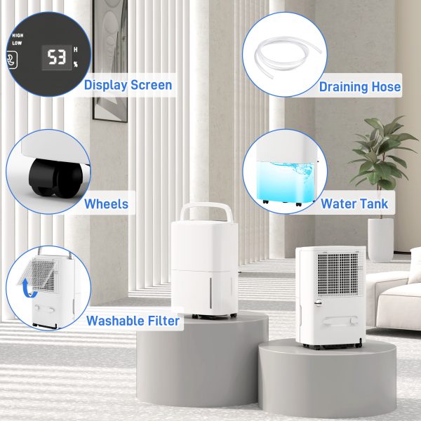 HOMCOM 20L/Day Dehumidifier with Continuous Drainage, 5L Water Tank, Timer - Image 7