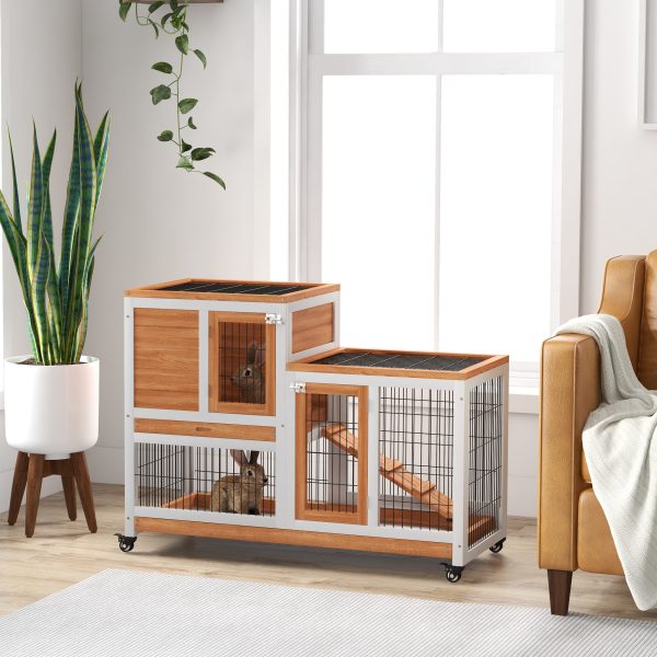 PawHut Wooden Indoor Rabbit Hutch Elevated Bunny Cage w/ Enclosed Run Wheel - Image 4
