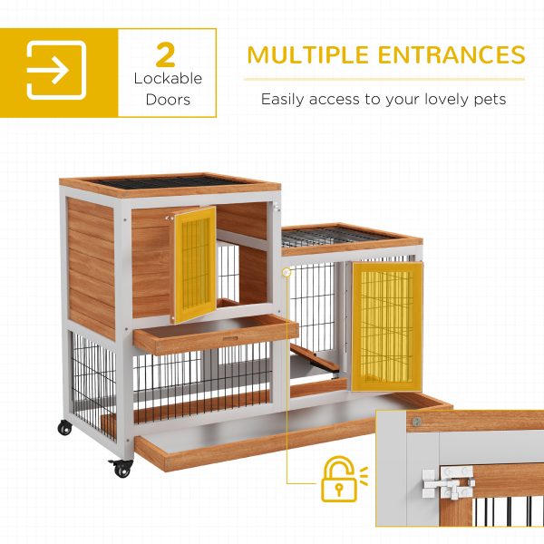 PawHut Wooden Indoor Rabbit Hutch Elevated Bunny Cage w/ Enclosed Run Wheel - Image 7