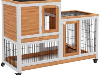 PawHut Wooden Indoor Rabbit Hutch Elevated Bunny Cage w/ Enclosed Run Wheel