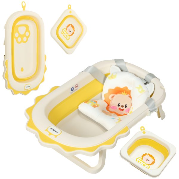 AIYAPLAY Foldable Baby Bath Tub Set with Bath Cushion, Wash Basin, Yellow