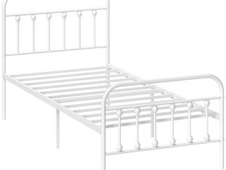 HOMCOM 3ft Metal Single Platform Bed Frame w/ Underbed Storage Headboard White