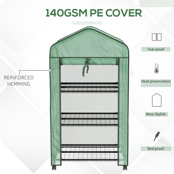 Outsunny Portable Mini Greenhouse with Roll-up Door and Wheels, Green - Image 4