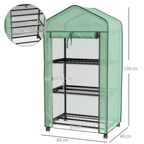 Outsunny Portable Mini Greenhouse with Roll-up Door and Wheels, Green - Image 5
