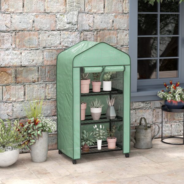 Outsunny Portable Mini Greenhouse with Roll-up Door and Wheels, Green - Image 2
