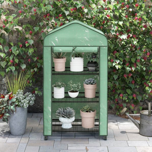 Outsunny Portable Mini Greenhouse with Roll-up Door and Wheels, Green - Image 6