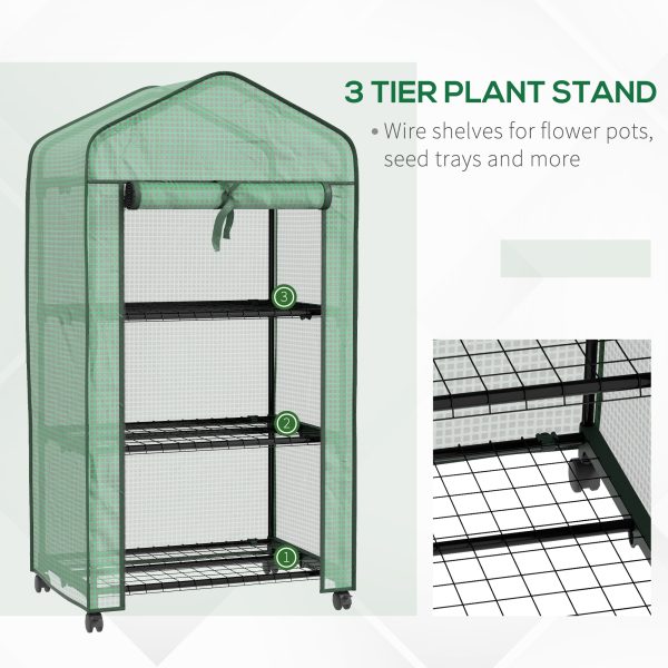 Outsunny Portable Mini Greenhouse with Roll-up Door and Wheels, Green - Image 3