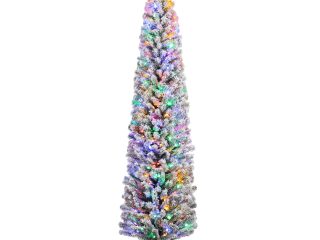 HOMCOM 7' Artificial Christmas Tree with Flocked Tips, LED Lights, Decoration