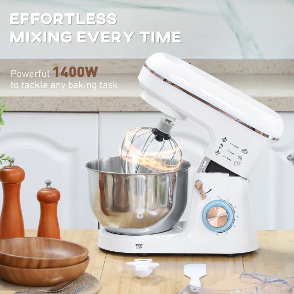 HOMCOM Electric Stand Mixer, 5L Food Mixer with Dough Hook, Whisk, White - Image 3