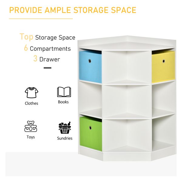 HOMCOM 3 Tier Kids Bookcase Toy Organiser Storage w/ 3 Fabric Drawers, White - Image 4