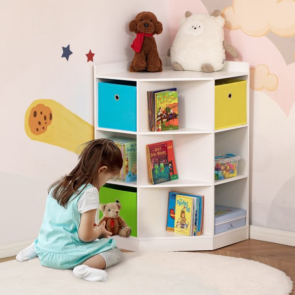 HOMCOM 3 Tier Kids Bookcase Toy Organiser Storage w/ 3 Fabric Drawers, White - Image 2