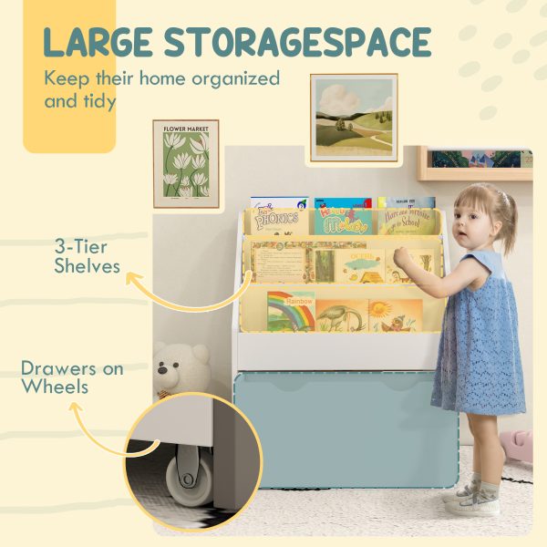 AIYAPLAY Kids Bookcase w/ 3 Tier Shelves, Drawer, for Bedroom, Nursery, White - Image 3