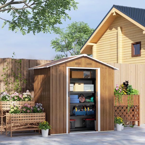 Outsunny 6.5x3.5ft Metal Garden Shed for Garden, Brown Wood Effect - Image 2