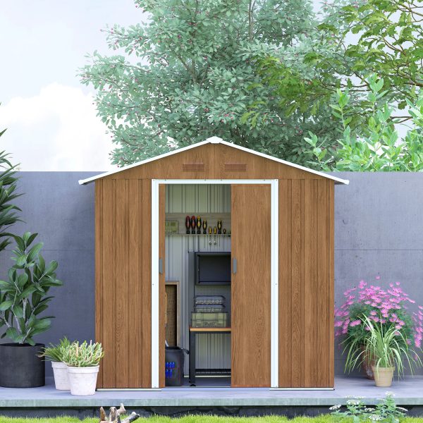 Outsunny 6.5x3.5ft Metal Garden Shed for Garden, Brown Wood Effect - Image 7