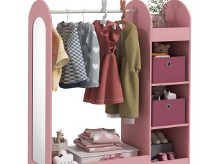 AIYAPLAY Kids Cloth Rail with Storage Shelf, Boxes, Mirror for Bedroom