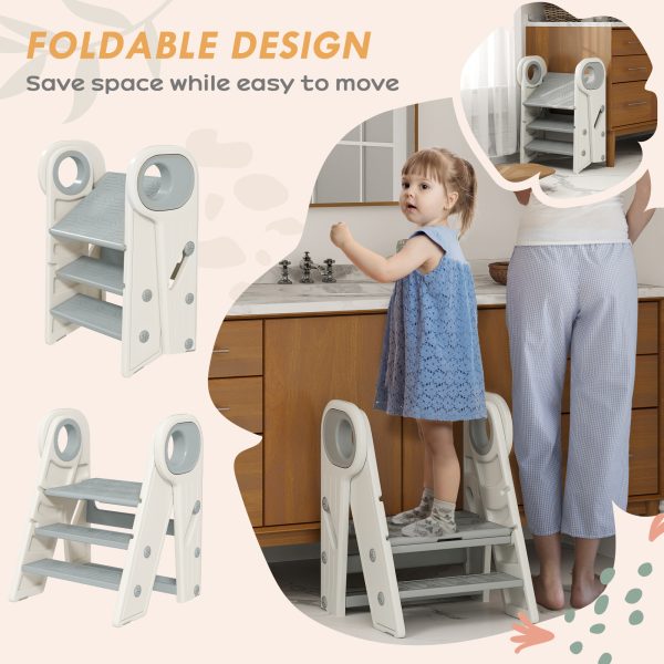 AIYAPLAY Toddler Tower, Foldable & Adjustable, with Handle, Non-Slip, Grey - Image 3