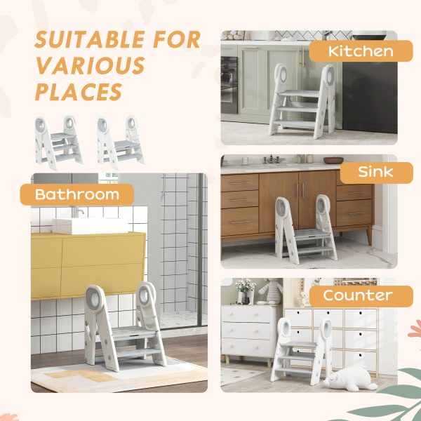 AIYAPLAY Toddler Tower, Foldable & Adjustable, with Handle, Non-Slip, Grey - Image 7