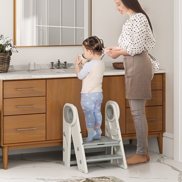 AIYAPLAY Toddler Tower, Foldable & Adjustable, with Handle, Non-Slip, Grey - Image 2