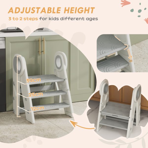 AIYAPLAY Toddler Tower, Foldable & Adjustable, with Handle, Non-Slip, Grey - Image 4