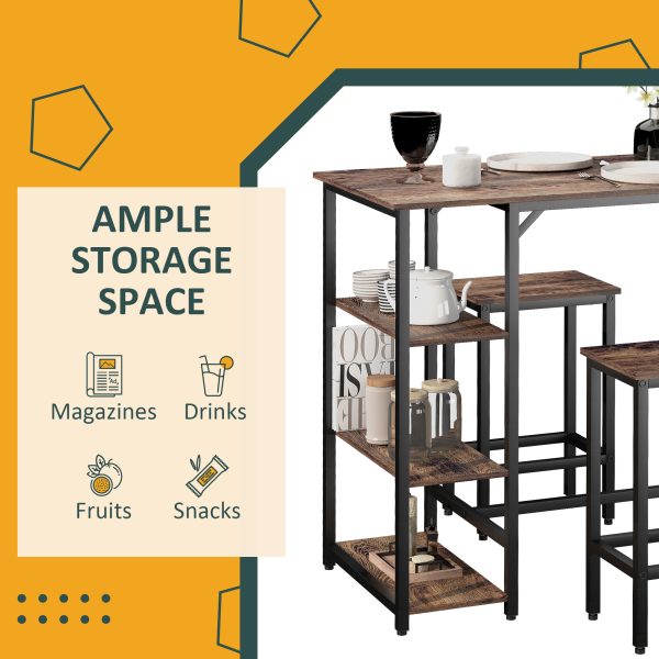 3PC Industrial Bar Height Dining Table Set With 2 Stools & Side Shelf, - Image 8